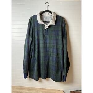 Lands End Rugby Polo Shirt Men's 3XL Green Plaid Long Sleeve Cotton Jersey